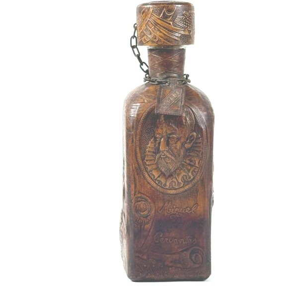 Vintage Tooled Leather Liquor Empty Whiskey Bottle Holder Chain Cork Stopper - Picture 1 of 10